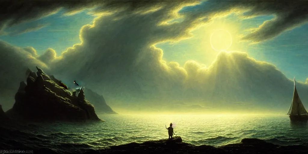 Image similar to lord of the rings scenery landscape, a hobbit out at a staring across the sea from the shore at a white timber sail boat leaving harbour, evening bright stars, highly detailed, vivid colour, soft clouds, cinematic lighting, perfect composition, gustave dore, derek zabrocki, greg rutkowski, belsinski