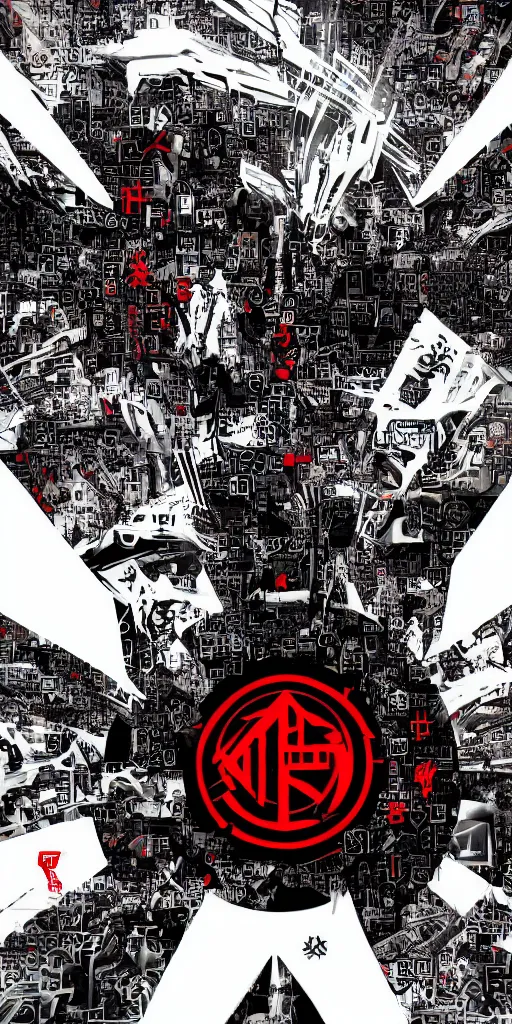 Image similar to a photo of a banner with symbols, cyberpunk logos of megacorporations by tsutomu nihei, futuristic font glyphs, black white red, sci fi font, graphic design, 8 k, innate studio