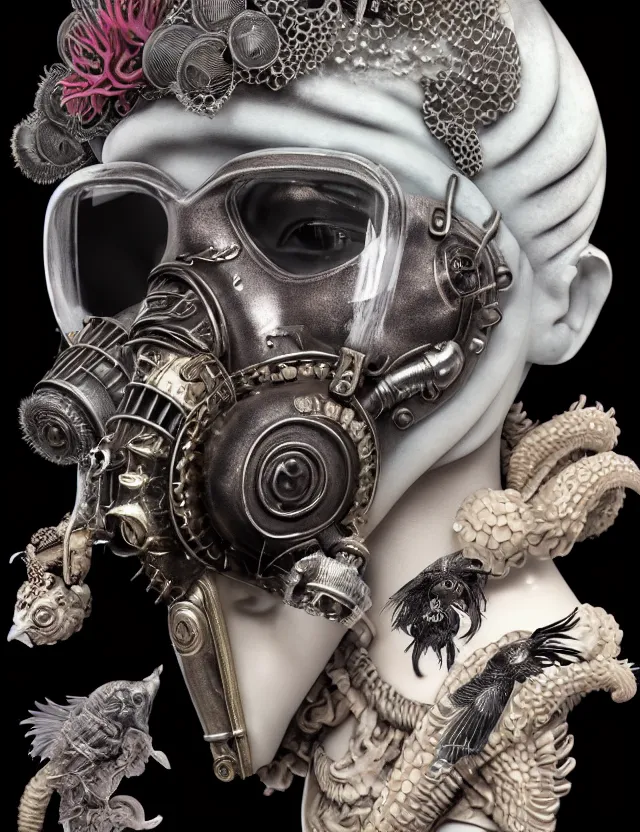 Image similar to 3 d goddess close - up profile punk portrait with vintage gas mask ram skull. beautiful intricately detailed japanese crow kitsune mask and clasical japanese kimono. betta fish, jellyfish phoenix, bio luminescent, plasma, ice, water, wind, creature, artwork by tooth wu and wlop and beeple and greg rutkowski