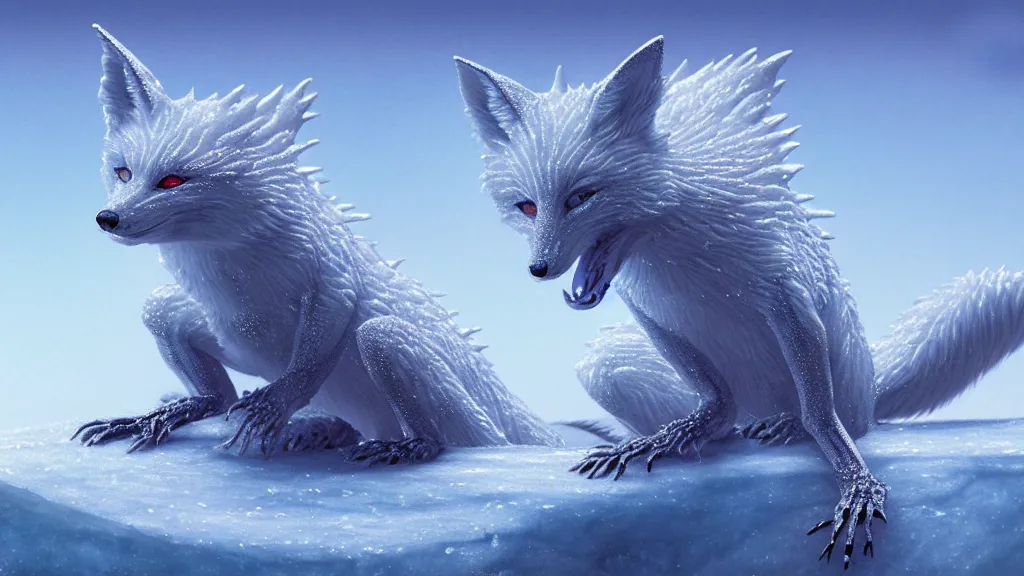 Image similar to white - haired anime fox lizard frozen in an ice floe, intricate, highly detailed, smooth, wide shot, artstation, digital illustration by wayne barlowe