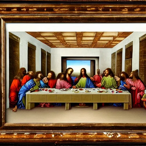 Prompt: A beautiful painting of the Last Supper, with Jesus and his disciples replaced by various animals. The painting is set in a forest, with a deer at the head of the table and a squirrel and rabbit to either side. clockpunk, crayon art by Hiroshi Yoshida, by Iryna Yermolova, by Catherine Hyde 3d render