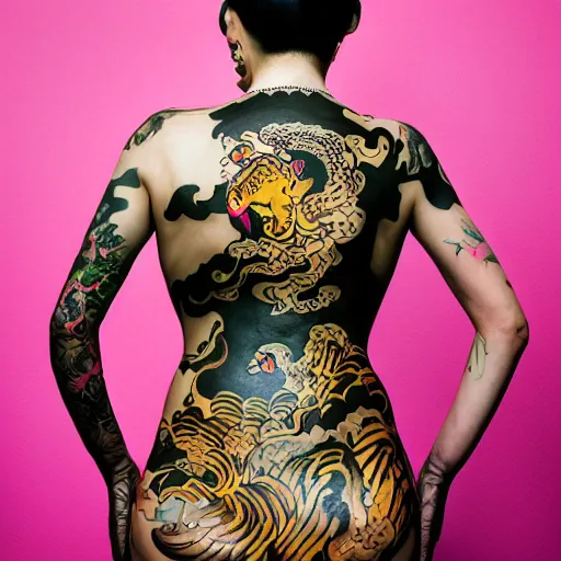 Image similar to photography of the back of a woman with a black detailed irezumi tatto representing a gold tiger with pink flowers on her entire back, dark hangar background, mid-shot, editorial photography