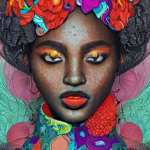 Image similar to the portrait of a beautiful and elegant young black woman made up of peppers, an ultrafine detailed illustration by james jean, intricate linework, bright colors, final fantasy, behance contest winner, vanitas, angular, altermodern, unreal engine 5 highly rendered, global illumination, radiant light, detailed and intricate environment