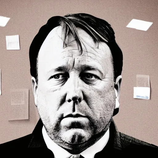 Prompt: moody illustration of alex jones in a depressing small office room with green light and tons of documents stacked up