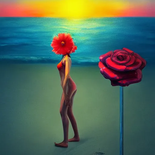 Image similar to portrait, giant rose flower head, girl dancing at the beach, surreal photography, sunrise, blue sky, dramatic light, impressionist painting, digital painting, artstation, simon stalenhag