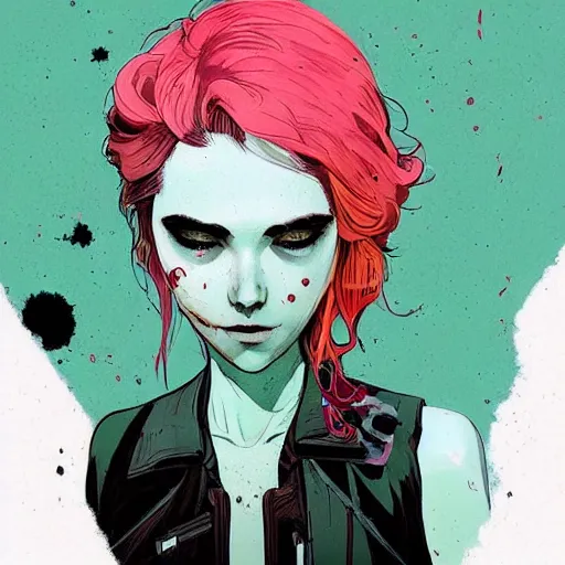 Prompt: Highly detailed portrait of pretty post-cyberpunk zombie young lady with, freckles and beautiful hair by Atey Ghailan, by Loish, by Bryan Lee O'Malley, by Cliff Chiang, inspired by image comics, inspired by graphic novel cover art, inspired by izombie, inspired by scott pilgrim !! Gradient green, black and white color scheme ((grafitti tag brick wall background)), trending on artstation