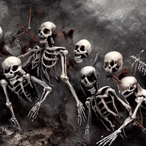 Image similar to 5 living undead skeletons emerging from a pile of brown shit and dirt in the bottom of a very dark well. swords in their hands. wide angle. trending on artstation, craig mullins, gopro lens.