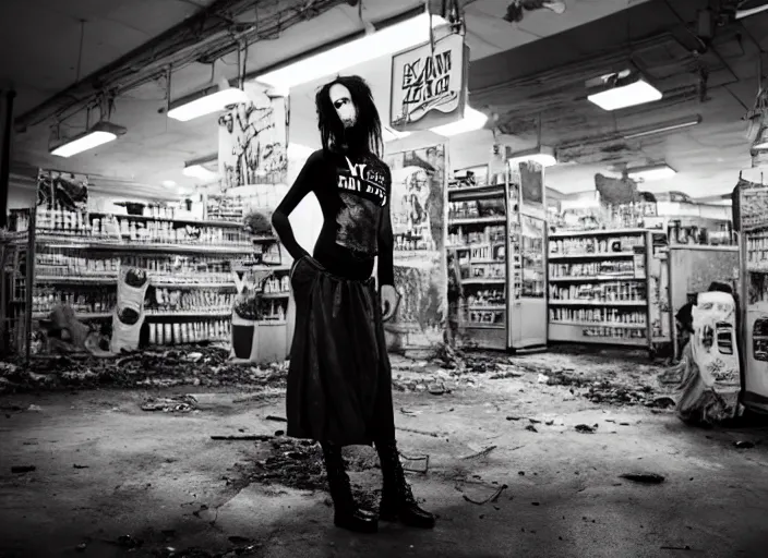 Image similar to 28mm photo of a woman in post apocalyptic supermarket, in the style of David cronenberg ,scary, weird, high fashion, ID magazine, vogue magazine, magazine, surprising, freaky, freak show, realistic, sharp focus, 8k high definition, medium format film photography, photo realistic, insanely detailed, intricate, elegant, art by yoshitaka amano and David kostic and stanley lau and artgerm