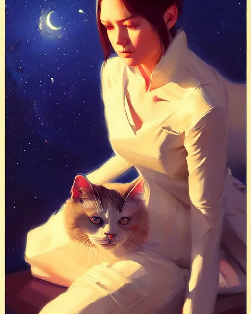 Image similar to a potrait of a space fanstasy cat, fine details. night setting. realistic shaded lighting poster by ilya kuvshinov katsuhiro, artgerm, jeremy lipkin and michael garmash, unreal engine, radiant light, detailed and intricate environment, digital art, trending on art station