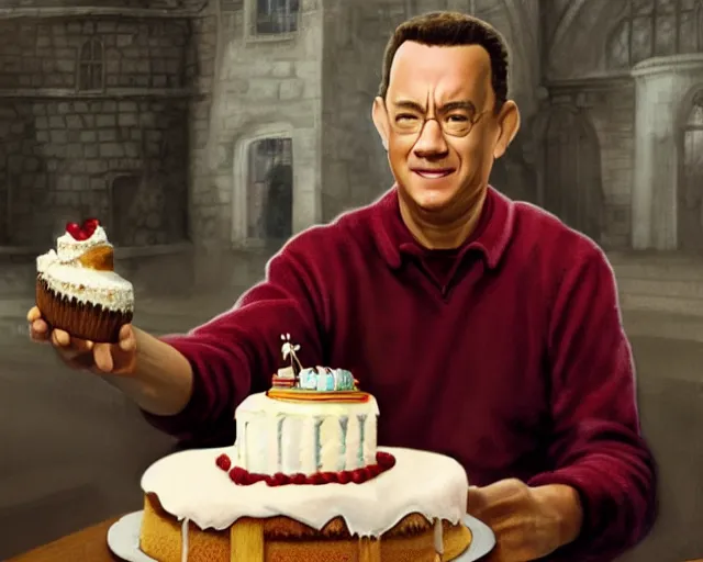 Image similar to tom hanks as forrest gump eating a cake in hogwarts, digital art, highly detailed, artstation, award winning, in the style of David Villegas