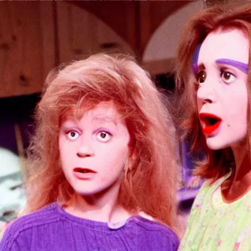 Prompt: still from 1988 live-action children's tv show about a middle-aged woman who enters an eyeball cult color