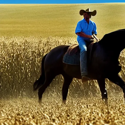 Prompt: 4 k, detailed photograph of sam elliot riding a stallion through a cornfield