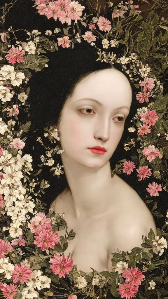 Image similar to a closeup portrait of a beautiful black haired woman with pale skin and a crown on her head sitted on an intricate metal throne, in an infinite landscape of flowers, photograph by caravaggio, canon eos c 3 0 0, ƒ 1. 8, 3 5 mm, 8 k, medium - format print