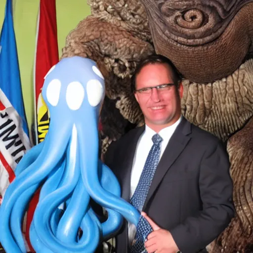 Image similar to a politician photo op with a tentacle monster