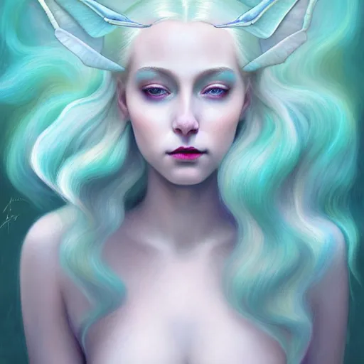 Image similar to portrait of girl with pale teal hair, luna moth, uniquely beautiful, fantasy, intricate, elegant, dramatic lighting, emotionally evoking symbolic metaphor, highly detailed, lifelike, photorealistic, digital painting, artstation, concept art, smooth, sharp focus, illustration, art by John Collier and Albert Aublet and Krenz Cushart and Artem Demura and Alphonse Mucha