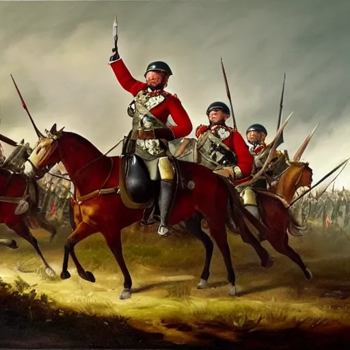 Image similar to oil painting of general Boris Johnson leading his men into battle, glorified image, 8k, oil painting