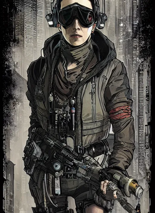 Prompt: cyberpunk blackops spy. night vision. portrait by ashley wood and alphonse mucha and laurie greasley and josan gonzalez and james gurney. spliner cell, apex legends, rb 6 s, hl 2, d & d, cyberpunk 2 0 7 7. realistic face. dystopian setting.