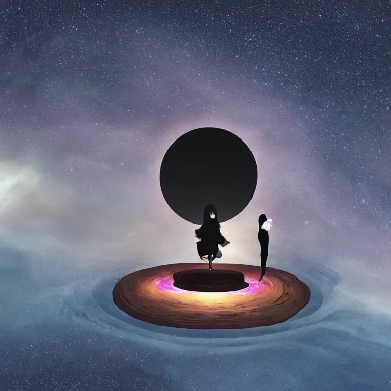 Prompt: black contrast dark style two people stuck on a very tiny floating island overlooking a centered perfectly circular supermassive black hole warped accretion disk vast space stars vibrant nebula picnic table makoto shinkai vibrant digital art