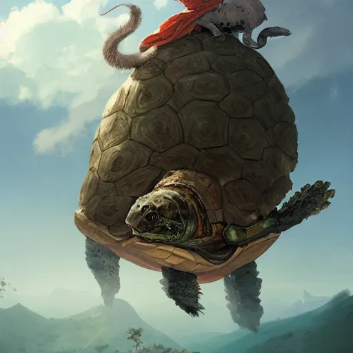 Image similar to The tallest mountain was topped by a cat riding a gigantic turtle, and there was another cat riding a large turtle atop the mountain. By Greg Rutkowski