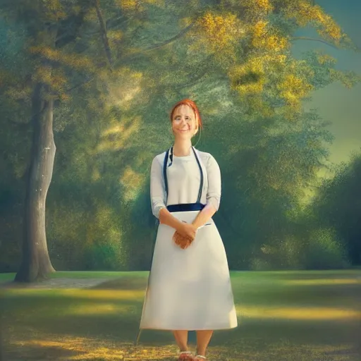 Prompt: a beautiful full body portrait of a young woman wearing an apron standing in a park, kantoku, james gilleard, very detailed, matte, gaussian blur, tone mapped