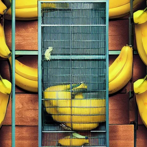 Prompt: an album cover about a cage with a banana inside it.