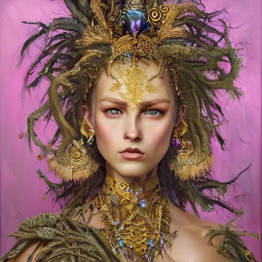 Image similar to oil painting of fantasy female warrior, symmetrical face, beautiful face, intricate jewellery, filigree armour, big earrings, shining eyes, crystals, covered in plants, standing in the mystical forest, realistic oil painting, baroque, renaissance painting, dramatic, cinematic light, trending on artstation, rule of thirds, highly detailed