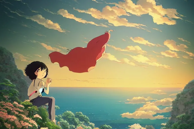 Prompt: I hope the wind blows beneath your wings and takes you to places higher than the sun. Have a wonderful day and many blessing for you and your loved ones. In the style of studio ghibli, artwork by Hayao Miyazaki and Isao Takahata, highly detailed, 8K, smooth, cinematic, vibrant colors, trending on artstation, japanese animation, stunning artistry and soaring imagination