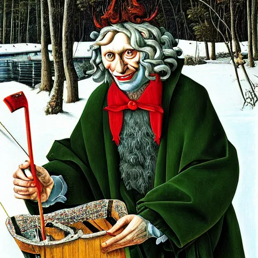 Prompt: Satan is ice fishing in Bavaria , oil painting, hyper detailed, hyper realistic, by Botticelli, portrait