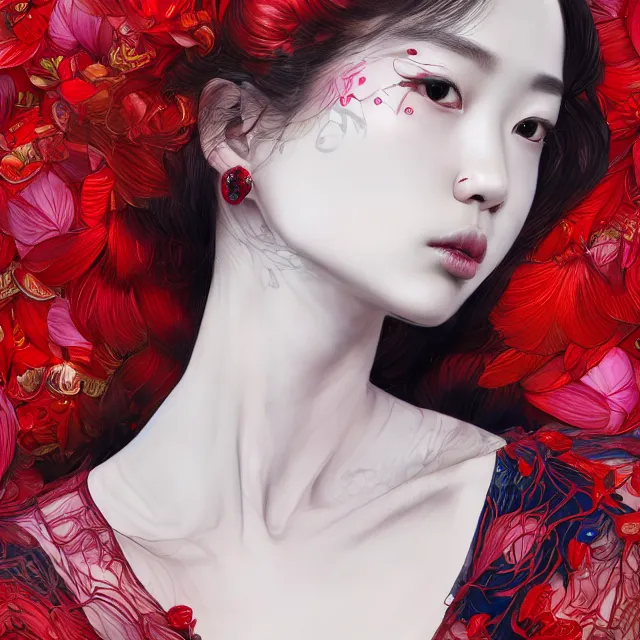 Image similar to studio portrait absurdly beautiful, elegant, graceful, young hypercolorful contrast korean gravure idol rubies and red petals, ultrafine hyperrealistic detailed face illustration by kim jung gi, irakli nadar, intricate linework, sharp focus, bright colors, matte, octopath traveler, final fantasy, unreal engine highly rendered, global illumination, radiant light, intricate environment