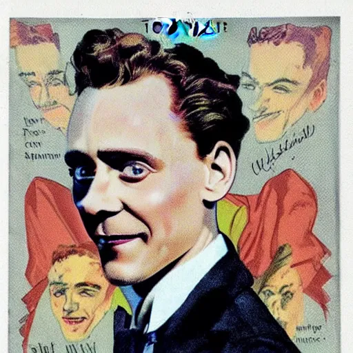 Prompt: “Tom Hiddleston portrait, color vintage magazine illustration 1950”