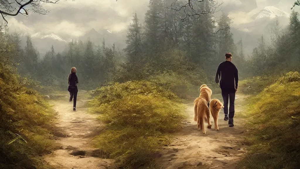 Prompt: “ one man, one women, one young boy, one golden retriever, walk on a trail in forest, mountains in the background, highly detailed, 4 k, by charlie bowater, by greg rutkowski ”