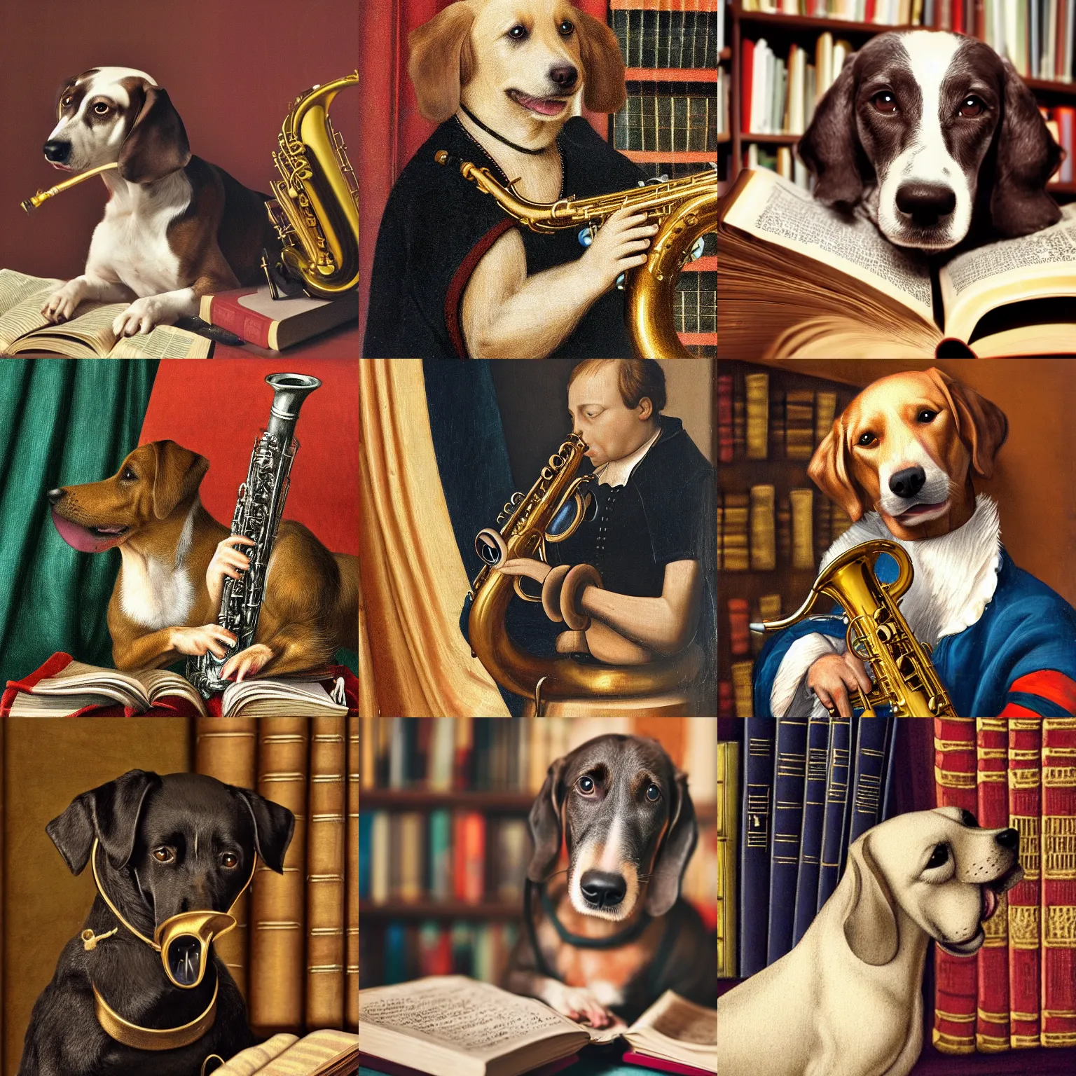 Prompt: dog playing the saxophone, books in the background, medieval portrait, close up