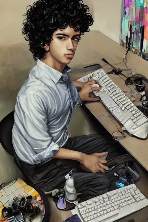 Image similar to painting of a young mexican man with short curly hair sitting at his work desk with an incredibly fancy mechanical keyboard, by artgerm and yoshitaka amano, trending on artstation