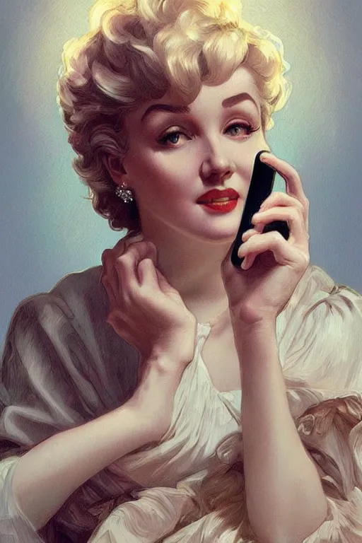 Prompt: beautiful cottagecore Marylin Monroe talking on a cell phone. intricate, elegant. highly detailed, digital painting, artstation, concept art, smooth, sharp, focus, illustration. . art by artgerm and greg rutkowski and alphonse mucha