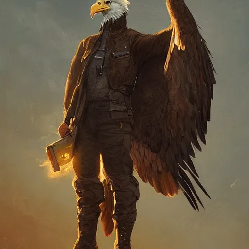 Prompt: a bald eagle in a leather jacket with wings insignia, greg rutkowski, artstation