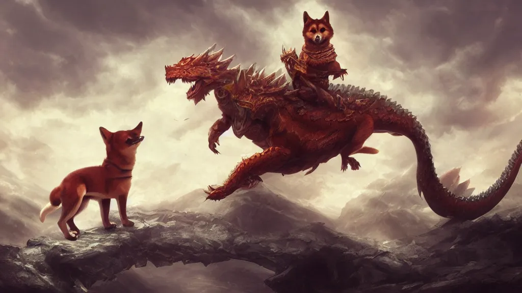 Image similar to Shiba Inu dog riding a large dragon :: concept art, matte painting, highly detailed, artstation, dynamic, epic composition