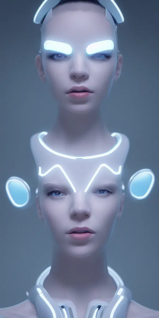 Image similar to white one cast futuristic biomechanics futuristic humanoid, beautiful face, female, futuristic, neon lights, cyberpunk, 8 k, digital painting, by beeple and makoto shinkai, trending on cg society, glamour pose, fashion photography, high fashion, canon r 3, photorealistic, hyper realistic, full body, wide angle shot