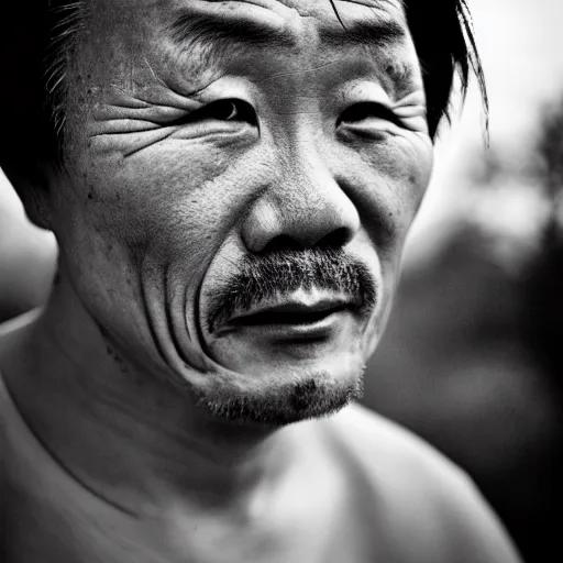 Prompt: grizzled tragic chinese man, age 3 5, with gutterpunk poke and stick face tattoos at dusk, black & white, richard avedon, 5 0 mm, grainy, low light