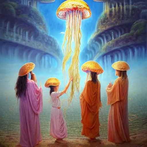 Image similar to A painting of priestesses worshipping at the jellyfish temple, shrouded in mist, jellyfish god, jellyfish priestess, jellyfish shrine maiden, 8K, illustration, art by Lilia Alvarado, Sophie Anderson, Mark Arian, Bob Byerley, Charlie Bowater, Mark Brooks, Steve Henderson, Justin Gerard, Arthur Hughes, Edward Robert Hughes, Mark Keathley, Victor Nizovtsev, Carlos Shwabe, Ross Tran, WLOP, smoke, undersea temple with fish, cinematic, insanely detailed and intricate, hypermaximalist, elegant, super detailed, award-winning, magenta and crimson and cyan, rainbow accents, iridescence, bioluminescence, mysterious, ancient, ritual, trending in cgsociety, artstation HQ, ornate, elite, haunting, matte painting, beautiful detailed, insanely intricate details, dreamy and ethereal, otherworldly