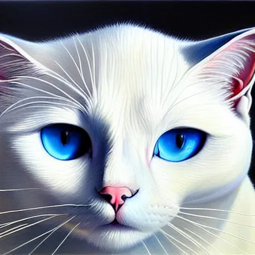 Prompt: epic professional oil painting of a gorgeous white cat with blue eyes, epic, stunning, gorgeous, intricate detail, much wow, 4K, masterpiece