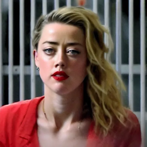 Image similar to amber heard behind bars locked in a jail cell with a frown on her face and wearing a prisoner uniform