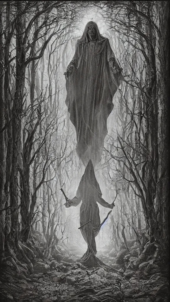 Prompt: mystical figure in occult robes in a dark misty forest opens a portal to hell, highly detailed, epic