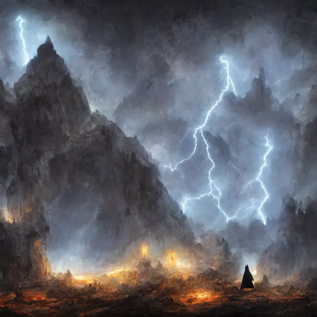 Image similar to a still of a cloaked figure standing in the ruins of crux prime, monastery, there is lightning, blue fiery maelstrom in the distance, it is raining, digital art, artstationhq