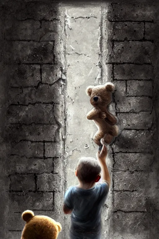 Image similar to giant crack hole on the brick concrete wall, child with dirty face watching from inside the crack reaching towards camera hand is holding a dirty ealistic teddybear. gloomy, intricate, elegant, highly detailed, digital painting, artstation, concept art, addiction, chains, smooth, sharp focus, illustration, art by ilja repin and greg rutkowski