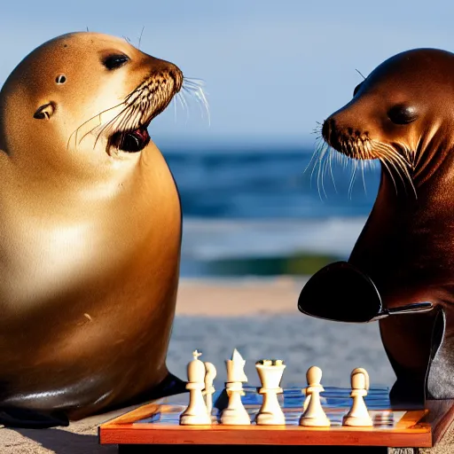 Prompt: photo of a sea lion playing chess with a stand fan, award-winning photograph, national geographic, 8k