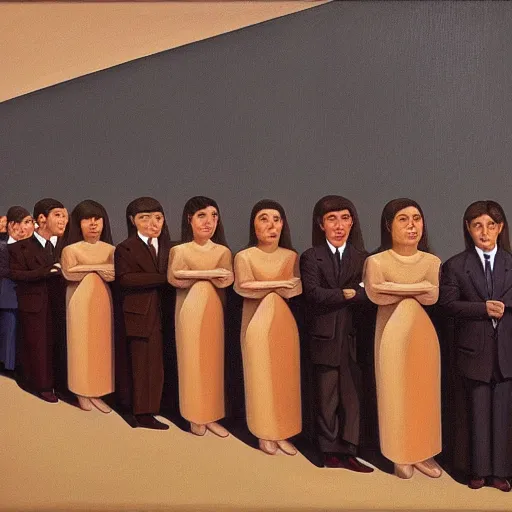 Image similar to a painting of a group of people standing in a line, a surrealist painting by george tooker, reddit, cynical realism, dystopian art, surrealist, academic art