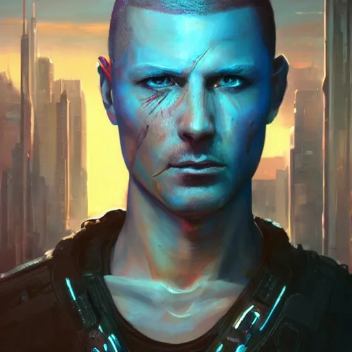 Prompt: cyberpunk, armitage, closeup portrait of a crazy ex soldier with a battlescar, light blue eyes, brown buzzcut, dramatic light, city background, sunset, dystopian setting, high contrast, sharp, neuromancer, painted by stanley lau, painted by greg rutkowski, painted by stanley artgerm, digital art, trending on artstation