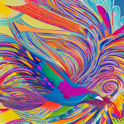 Image similar to A beautiful experimental art of a large, colorful bird with a long, sweeping tail. The bird is surrounded by swirling lines and geometric shapes in a variety of colors by Michal Lisowski, by Eric Carle robust, unnerving
