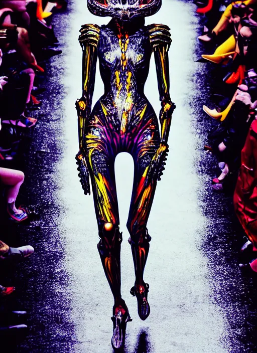 Image similar to walking down the catwalk, ben watts, show, stage, vogue photo, podium, fashion show photo, iris van herpen, beautiful woman, full body shot, helmet on face, masterpiece, plant predator, guyver, jellyfish, biomechanical details, movie still, fauvism, cinestill, bokeh, gelios lens