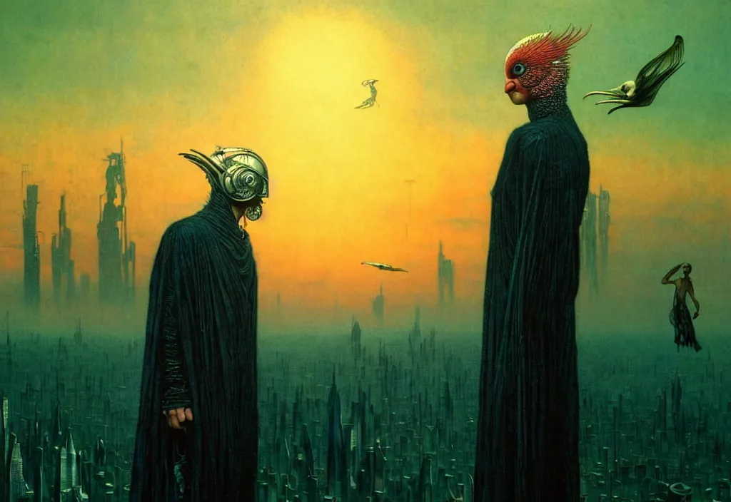 Image similar to realistic detailed portrait movie shot of a birdman wearing dark ragged robes, futuristic city sunset landscape background by denis villeneuve, amano, yves tanguy, alphonse mucha, ernst haeckel, max ernst, roger dean, rich moody colours, cinematic